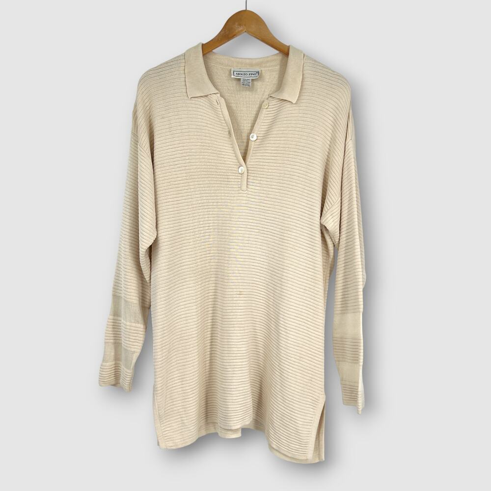 90s Vintage Molto Fino Silk Ribbed Knit Collared Tunic Sweater Small